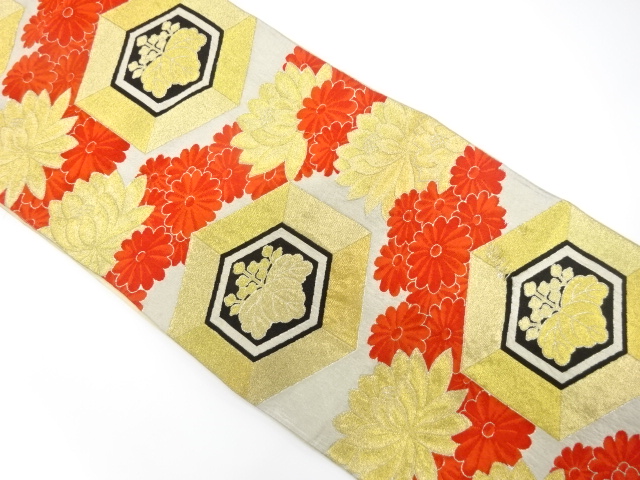 JAPANESE KIMONO / ANTIQUE FUKURO OBI / SILK / WOVEN PAULOWNIA & KIKKO & KIKU